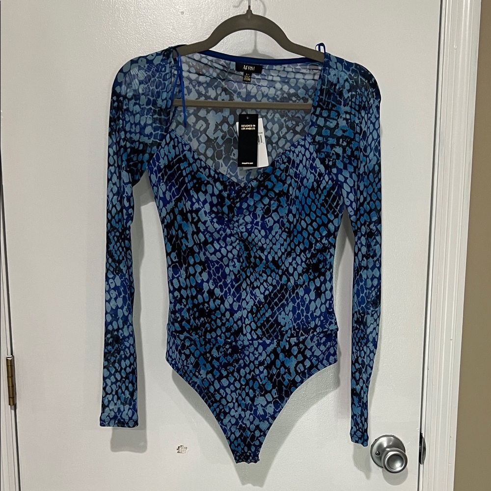 AFRM Blue Snakeskin Sheer Bodysuit